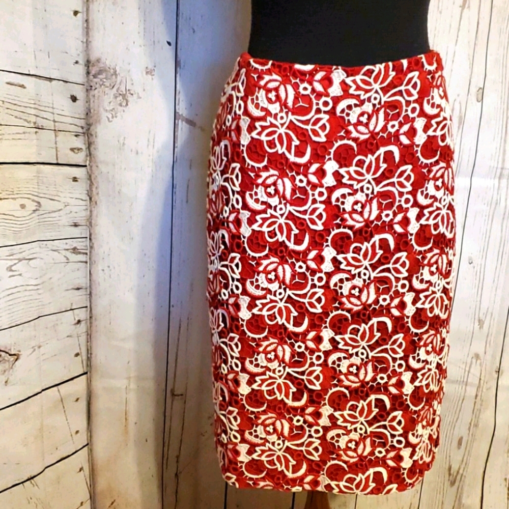 Talbots Petites red and white lace pencil skirt 10